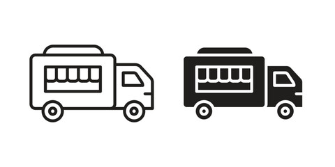 Food truck icon. Flat and stroke versions. Graphic elements.
