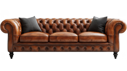 Brown leather chesterfield sofa isolated on transparent background