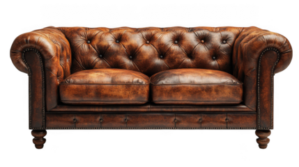 Brown leather chesterfield sofa isolated on transparent background