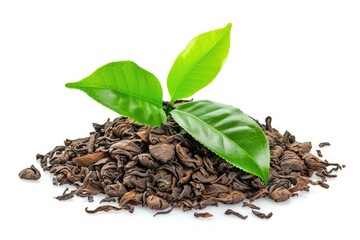 Illustration of a Pile of Tea Leaves with Two Green Leaves Isolated on White Background