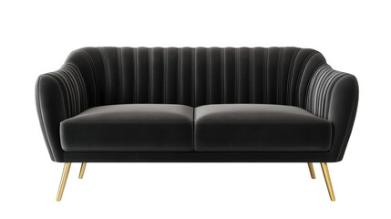 Dark velvet two seater sofa gold legs isolated on transparent background