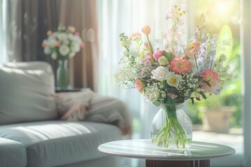Spring Flowers Bouquet in Vase on Table in Living Room with Morning Sun Ligh