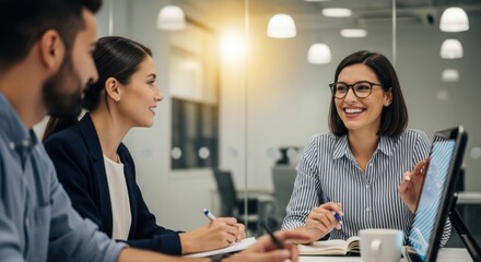 Colleagues collaborating positively in a modern office environment discussing business ideas