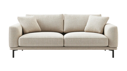 Beige two seater sofa with pillows isolated on transparent background