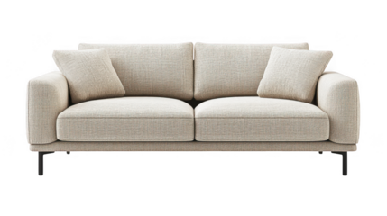 Beige two seater sofa with pillows isolated on transparent background