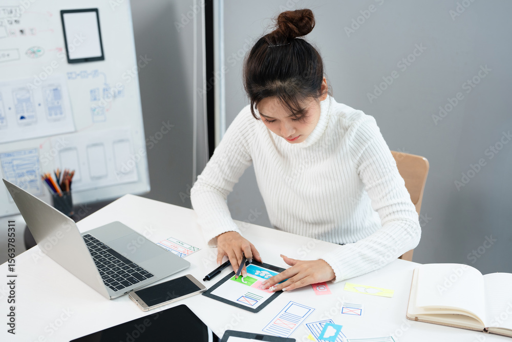 Poster Female ux developer and ui designer , mobile app interface wireframe design. App developer working about screen display prototype layout for smartphone, ui, ux concept.