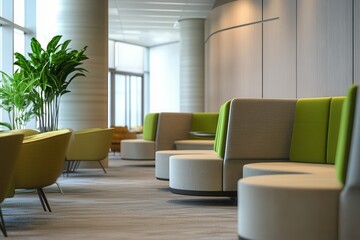 flawless image of Corner view of panoramic beige and green office seating area high detail