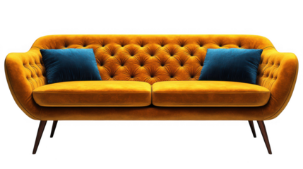 Mustard yellow velvet sofa with blue pillows isolated on transparent background