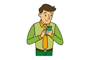 Smiling businessman dressed in green and yellow attentively using his modern smartphone with both hands