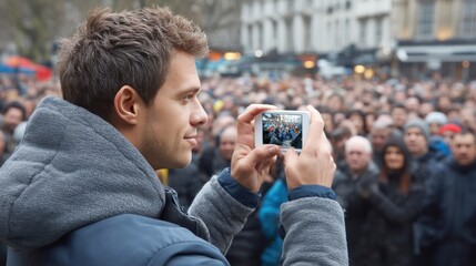 Man taking a photo with smartphone during outdoor event with large crowd