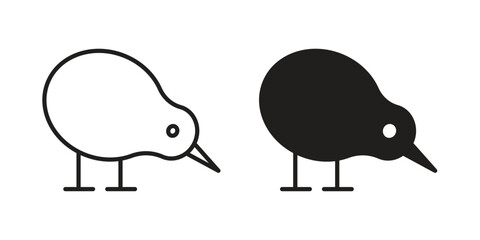 Kiwi bird icon. Flat and stroke versions. Graphic elements.