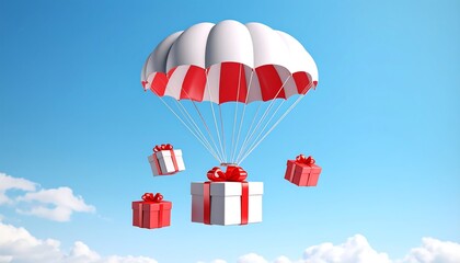 Gifts delivered by parachute Blue sky.