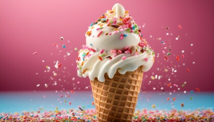 delicious vanilla ice cream cone with colorful sprinkles on a pink background