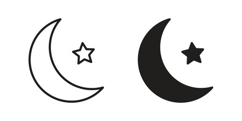 Moon and star icon. Flat and stroke versions. Graphic elements.