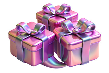 Three iridescent gift boxes with satin ribbons and bows isolated on transparent background