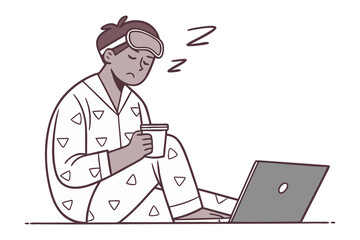 Tired person in pajamas with sleep mask holding a coffee cup while working on a laptop late at night