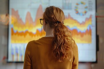 High Definition Picture of a Woman Stands in Front of a Chart Showing a Graph of a Graph