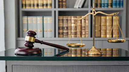 Judge's gavel and golden scales of justice against a shelf of legal books - a symbol of justice and law.