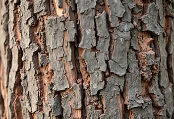 Rough, textured tree bark in shades of brown and grey, showing deep fissures and peeling layers,  vintage,  natural