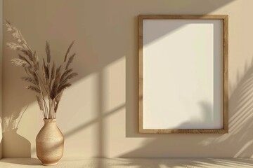 High Resolution Visual of Blank Picture Frame on Beige Wall 3D Render Mock Up