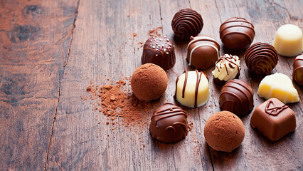 World Chocolate Day celebration. Assorted chocolate treats on a dark background. Sweetness, indulgence, and dessert temptation.