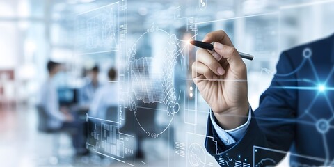 Business professional interacting with futuristic digital interface technology in modern office environment