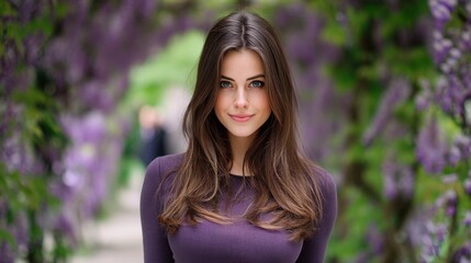Fototapeta premium Woman with long brown hair standing outdoors among purple flowering trees