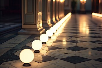 Vibrant Color Picture of Row of Electric Lamps on Tiled Floor