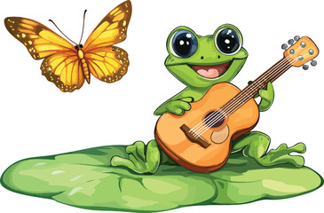 A cute green cartoon frog plays a fun guitar adorned with a flower