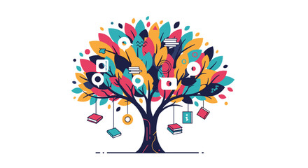 Discover the Knowledge Tree Blooming with Literature and Educational Icons Representing Global Understanding and Learning Adventures