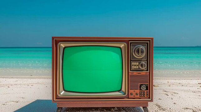 Vintage TV with green screen on tropical beach, perfect for mockup or video editing.