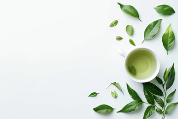 Warm and Healthy Green Tea on a White Background Flat Lay Photography of Natural Leaves in a Cup