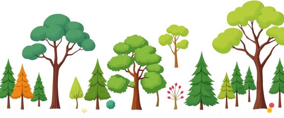 Obraz premium Simple flat vector cartoon trees; coniferous, deciduous, oak, pine, Christmas trees, meadow plants Isolated on white , flat design, plant