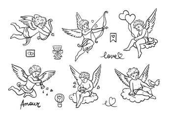Cupid icon set. Love and valentine's day symbol. Cupid shooting arrow. Isolated vector black hand drawn image.
