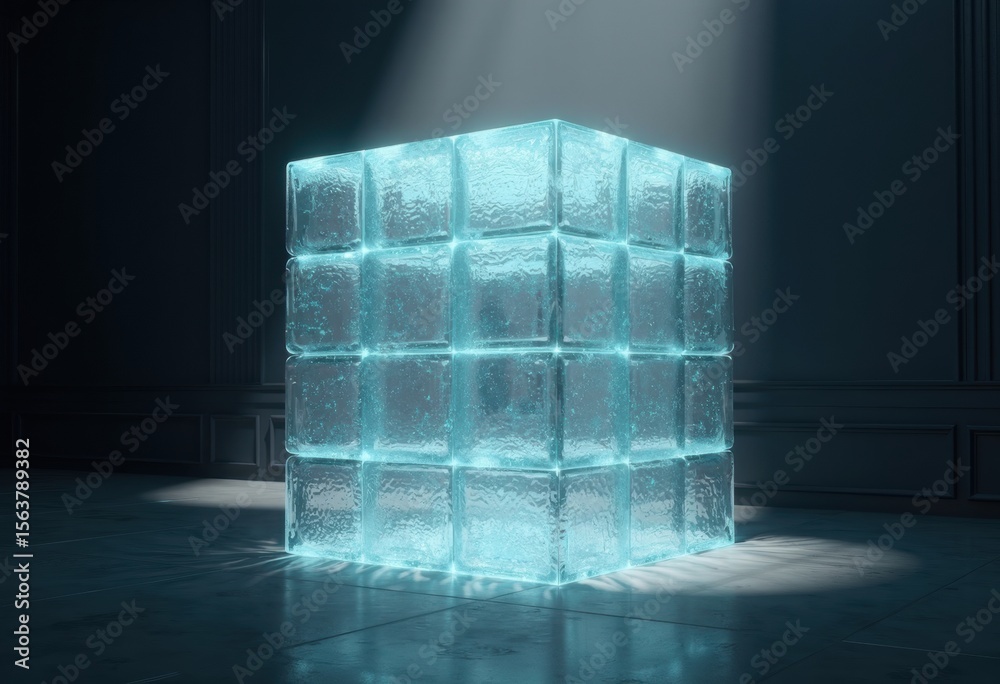 Poster A Glowing Ice Cube Structure Illuminated in a Dark Room