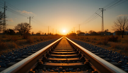 Obraz premium Golden Sunset Over Parallel Railway Tracks – Symmetrical Perspective Landscape Photo