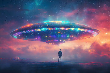 A colorful UFO with lights glowing brightly