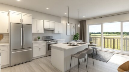Open-concept kitchen and dining area with large windows.