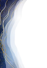 Magic night dark blue frame with sparkling golden geode and marble edge. Layered vector wedding card. Gold confetti and navy background. White scattered celestial dust. Fairytale magic star template