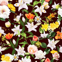 Summer garden floral print with leaves and flowers. Spring tulips, lily, rose, ranunculus, yellow daffodil and plants. Botanical pattern design. Seamless vector colorful pattern. On dark background