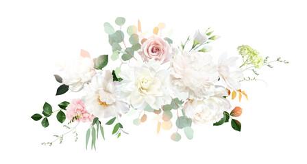 Classic pink rose, white peony, blush pink ranunculus, eucalyptus, sage greenery vector design wedding spring bouquet. Horizontal banner. Floral summer watercolor. Elements are isolated and editable