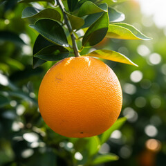 A round orange fruit hangs low among deep green leaves, its skin dimpled and vibrant under soft sunlight. The background fades into gentle bokeh, suggesting a calm, natural setting.

