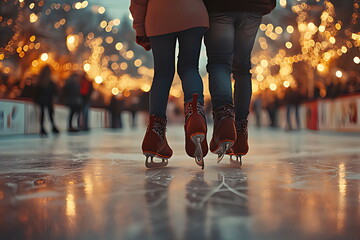 Back view of interracial couple ice skating together on rink