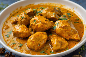 chicken curry dish served in a white bowl, showcasing a traditional homemade Middle Eastern