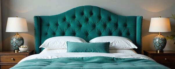 Luxurious Teal Velvet Headboard Plush Cushions for a Calming and Sophisticated Bedroom Sanctuary