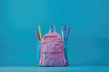 School Bag Backpack with Supplies for School on Blue Background Copy Space for Text