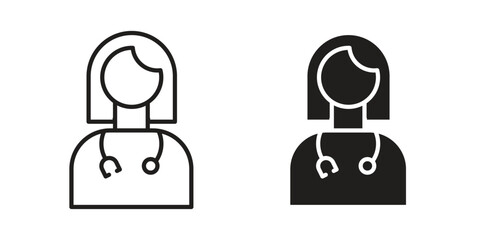 Woman Doctor icon. Flat and stroke versions. Graphic elements.