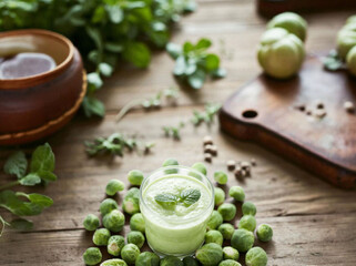 Fresh green smoothie on a rustic wooden