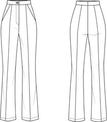 Pleated wide-leg trousers technical sketch front and back views, button waistband, zipper fly, tailored darts, fashion garment layout, design illustration template