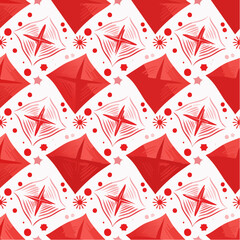 A repeating geometric seamless pattern illustration featuring stylized red diamond shapes, starbursts, and circular elements on a white background.